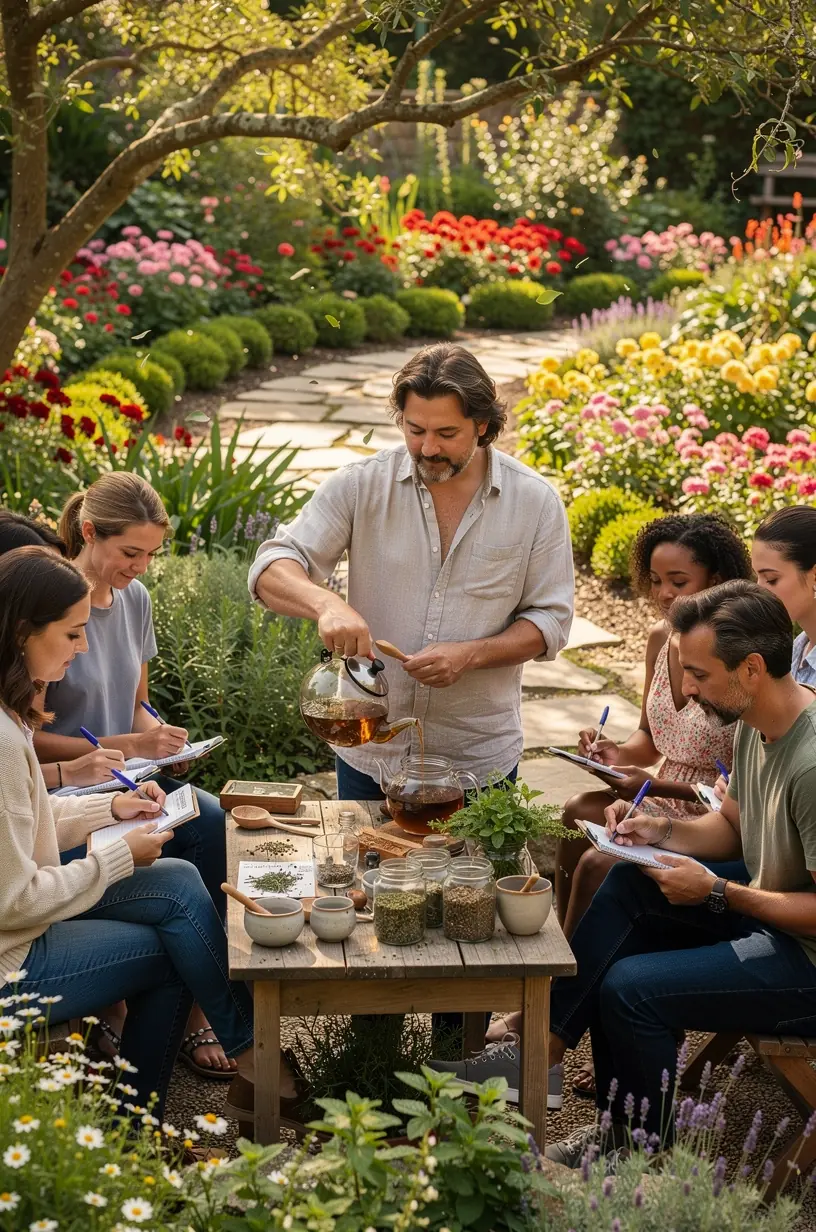 Žolelių arbatos rinkinys su įvairių rūšių džiovintomis žolelėmis ant šviesios medinės lentelės.