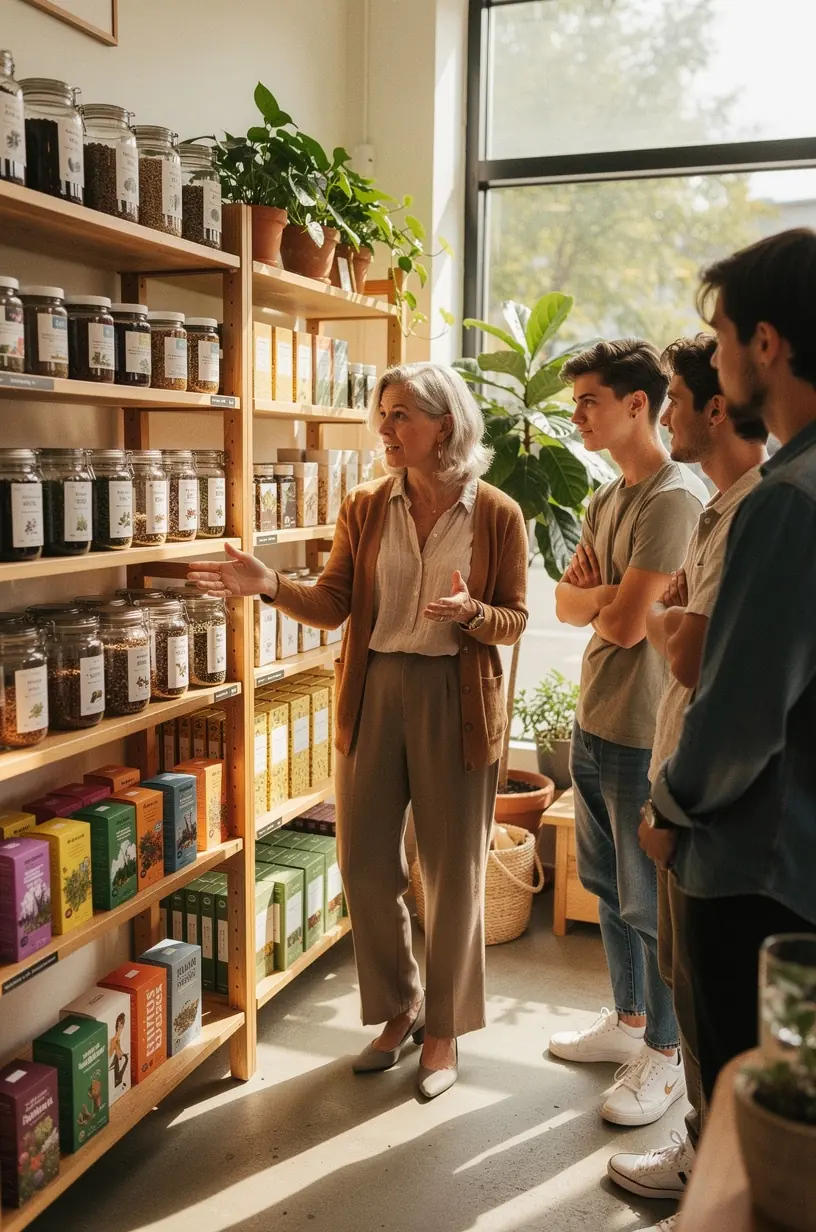 Moteris ramiai gurkšnoja žolelių arbatą jaukioje namų aplinkoje su natūraliu apšvietimu.