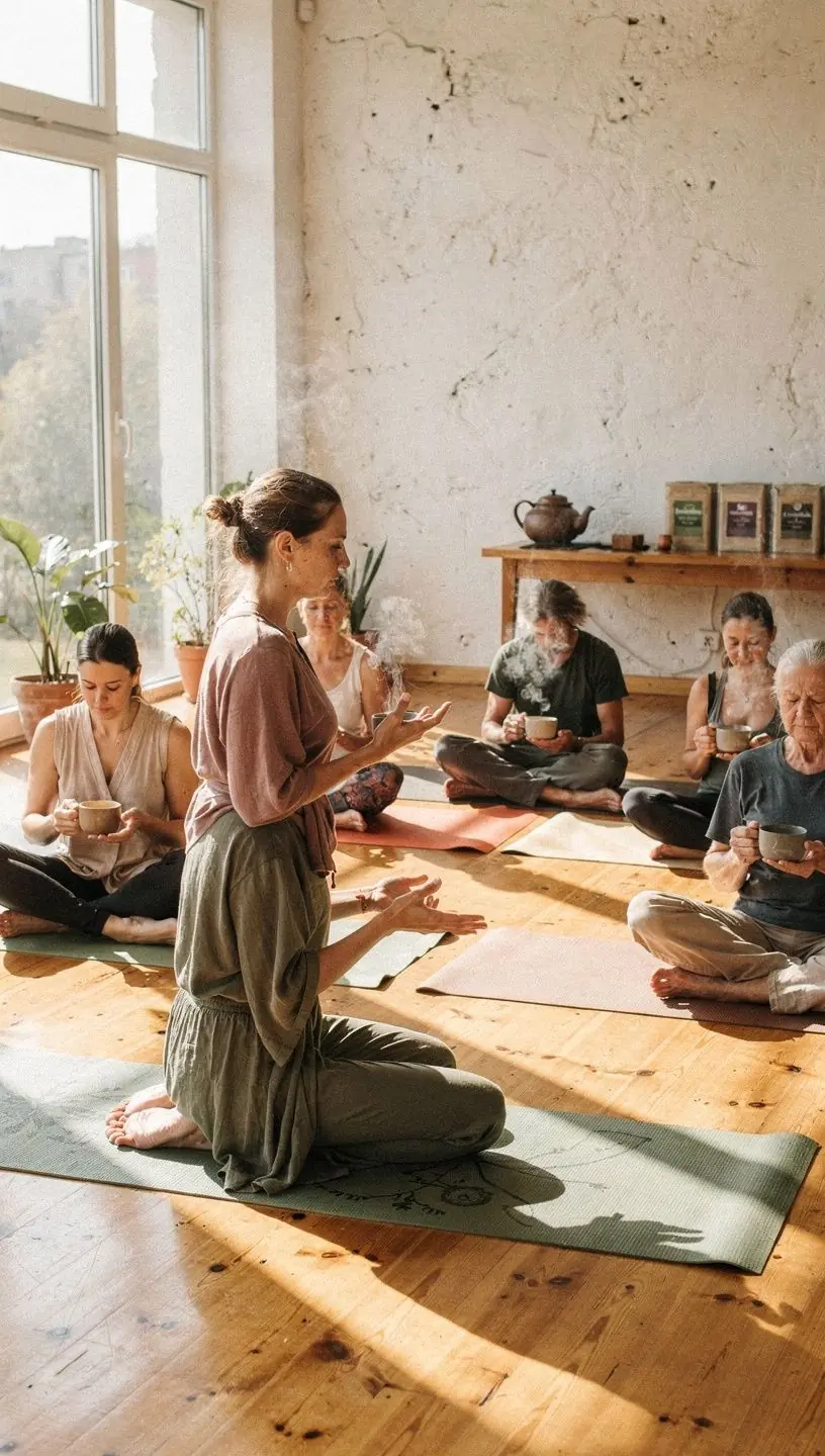 Infografika, vaizduojanti žolelių arbatos naudą ir jos įtaką kasdieniam gerovei.