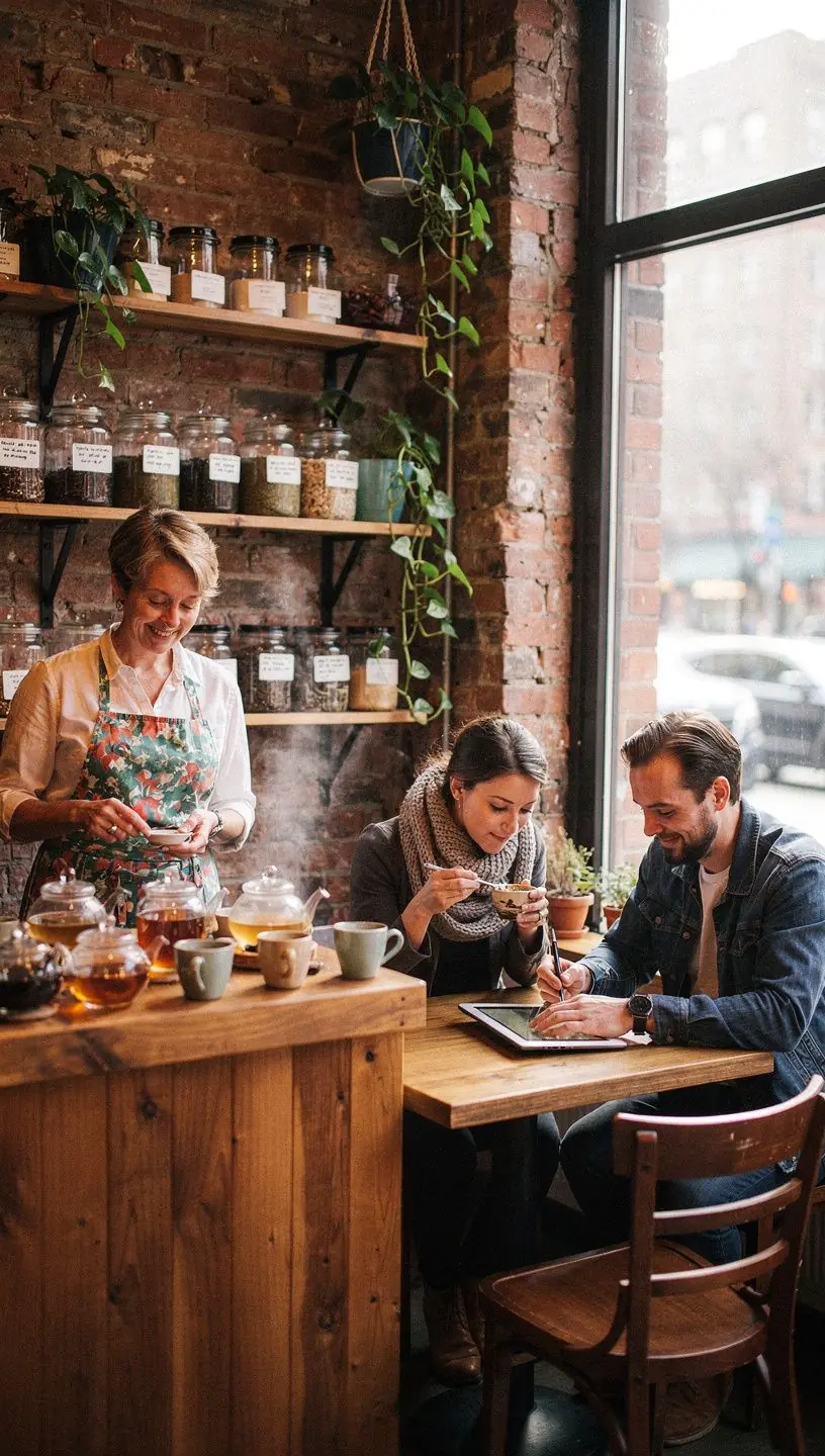 Sveikos gyvensenos dienoraštis su užrašais, arbatos puodeliu ir ramybės simboliais ant stalo.