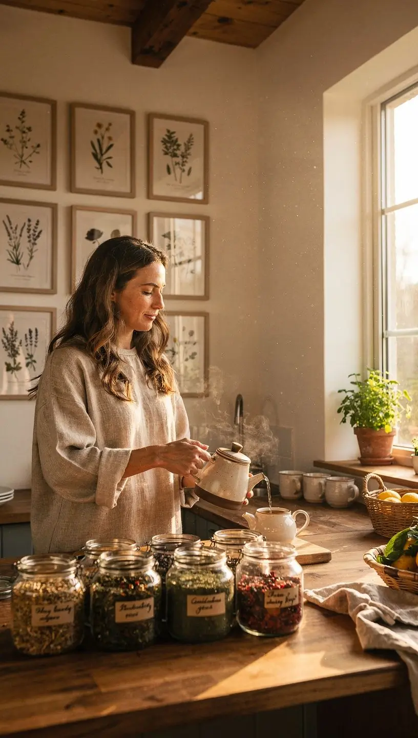 Arbatos puodelis su žolelių lapais ant medinio stalo, šalia knygos ir akinių.
