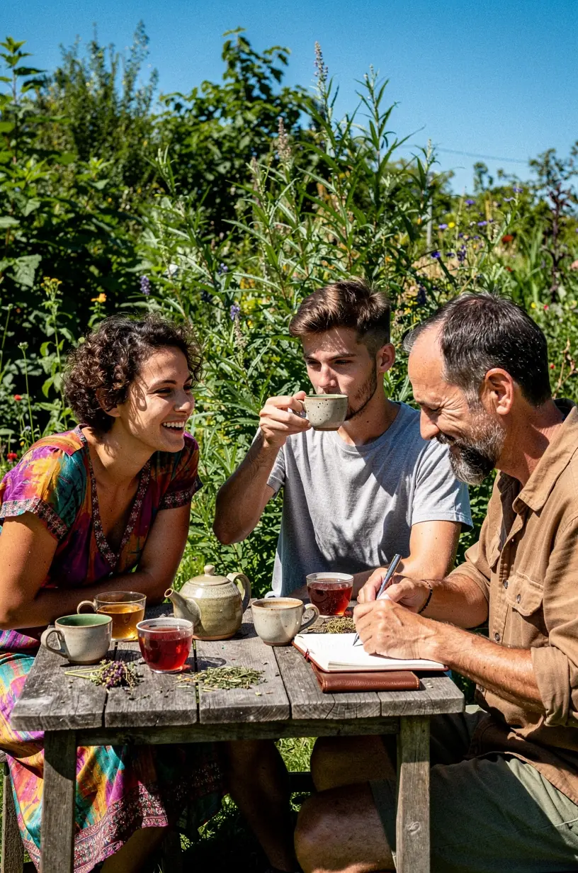 Raminančios žolelių arbatos paruošimo procesas su garuojančiu vandeniu ir natūraliomis žolelėmis.