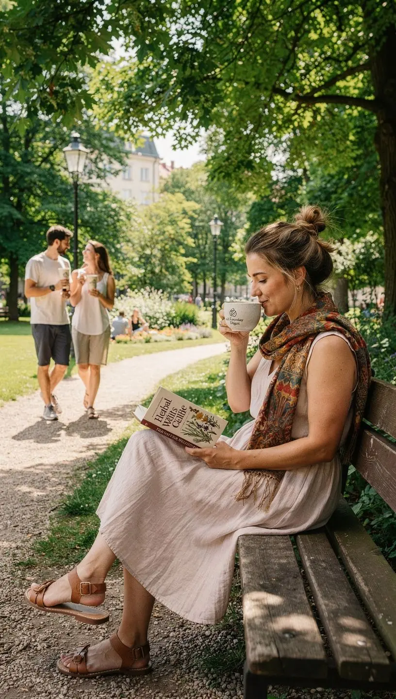 Sveikos gyvensenos simboliai: arbatos puodelis, meditacijos žvakė ir žali augalai.