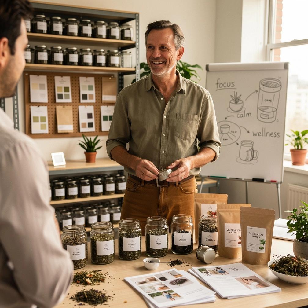 Žmogus, medituojantis su arbatos puodeliu rankose, pabrėžiantis ramybės ir sąmoningumo praktiką per arbatos gėrimą.