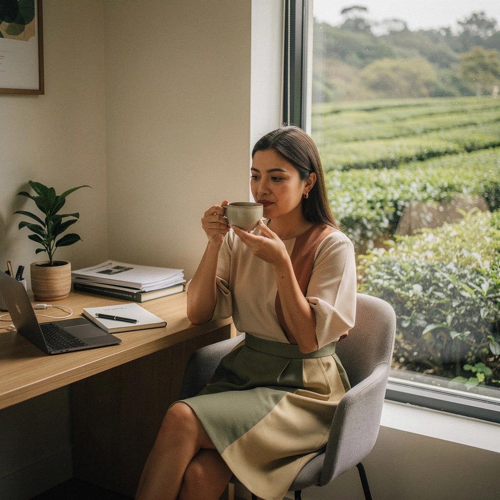 Instrukcinė iliustracija, rodanti arbatos ruošimo procesą, suteikianti praktinių patarimų subalansuotam gyvenimo būdui.